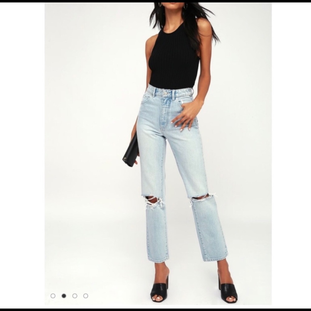 Rolla’s light wash straight leg distressed jeans